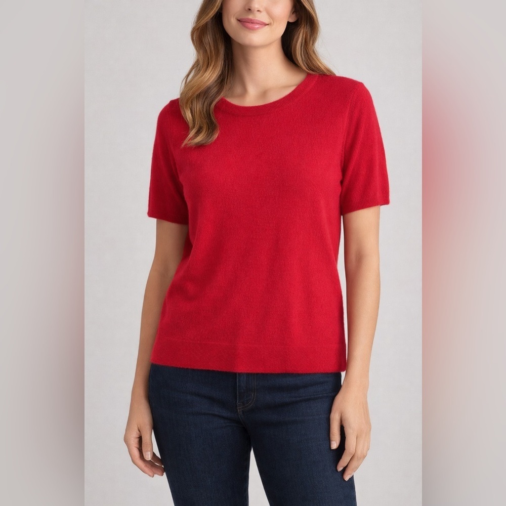 Bloomingdale’s 100% Cashmere Sweater XXL Red Short Sleeve Knit NWT - Picture 2 of 10